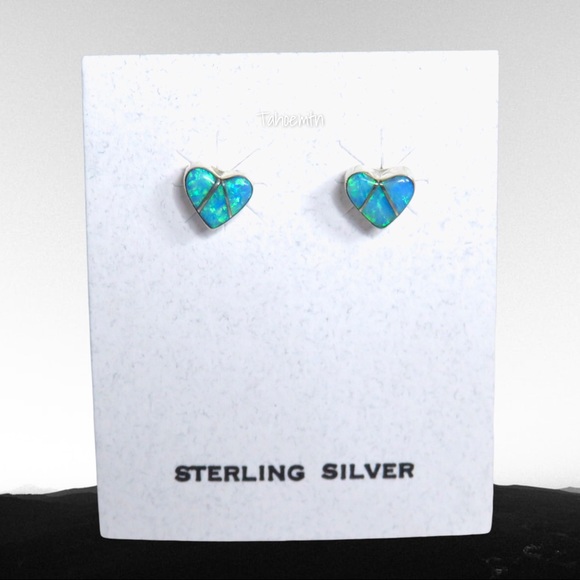 Sterling Silver Inlay Blue Lab Opal Heart Earrings - Picture 2 of 7